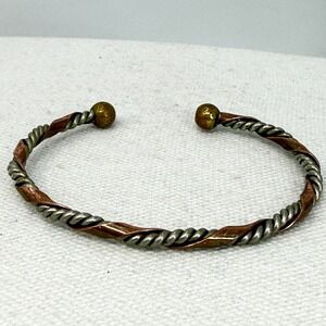 Artisan Bangle Cuff Bracelet Twisted Metal Copper Silver Tone Brass Ball Ends